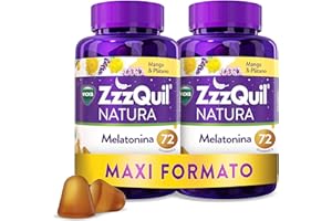 ZzzQuil Natura Gummies de Melatonina 1mg con Valeriana, Complemento Alimenticio para dormir sabor Mango y Plátano, 2x72 Gummies