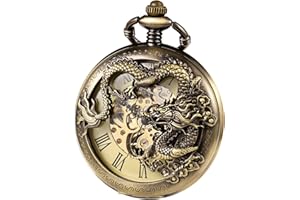 TREEWETO Reloj de bolsillo con cadena para hombre, analógico, mecánico, cuerda manual, doble bisagra, dragón antiguo, números romanos, marrón, Clásico, Vintage