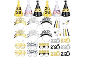 DPKOW 36 piezas Cotillon Nochevieja 2026 Gafas Sombreros Diademas Trompetas Negro Oro Plata, Decoracion Nochevieja 2026 Bandas Gafas Gorros Feliz Año Nuevo Accesorios de fotomatón Año Nuevo