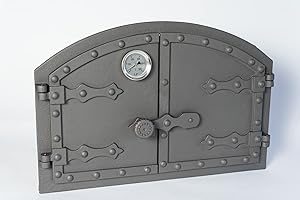 Euro Sezam - Ofentür aus Gusseisen im ungarischen Stil - Massive dicke Ofentür - Pizzaofentür mit 500c-Thermometer - KK001 - Doppeltür mit Türschloss - Türen für Pizzaöfen 53.20x5.50x35.50cm