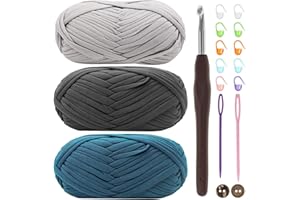 ‎RENYIZ T-Shirt Yarn, Ribbon Yarn for Crochet and Knitting, Textile Yarn, 3 x 100 g Thick Polyester Yarn with a 6 mm Crochet Hook for Crochet Bags, Baskets, Carpets, Home Decoration and DIY Crafts