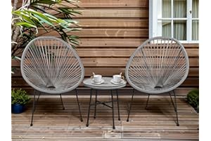 XEO HOME Bistro Egg Chair Set Rattan garden Decking Furniture Sets of 2 String Patio Outdoor Seating Set For Terraces Balconies 3pieces Conversational 2 Chairs 1 Glass Top Coffee Table (Grey)