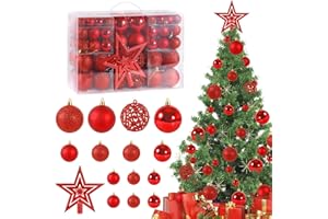 AMZJMT Juego de 101 Bolas de Navidad Rojas - Bolas de plástico para árboles de Navidad de diámetro Ø3, 4 y 6 cm - Adornos navideños de Bricolaje - Adornos navideños - con Dispositivo para Colgar