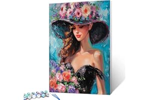 Tucocoo Abstract Flowers Hat Paint by Number for Adults, Easy DIY Oil Painting Kits on Canvas with Brushes and Acrylic Pigment, Elegant Lady Black Dress Picture for Home Decor 16x20 inch (Frameless)