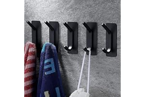 GlazieVault Self Adhesive Hooks 5 Packs | Coat Hooks Wall Mounted | Sticky Hooks, Waterproof Heavy Duty Stick on Wall Hooks for Door (Black)