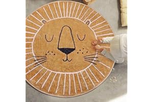 RURURUG Tapis rond Ø 100 cm, marron jaune, petit motif tête de lion, tapis pour chambre d'enfant, salon, salle à manger, chambre à coucher, sol, canapé