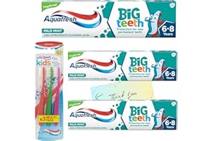 Kids Toothpaste Bundle with Aquafresh Big Teeth 6-8 Years 3 x 50ml and 3 Pack Aquafresh Kids Toothbrushes with Glameno Thank You Card