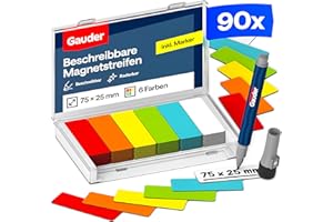 ‎GAUDER GAUDER Magnetetiketten beschreibbar - Wiederverwendbare Magnetschilder zum Beschriften für Whiteboard, Tafel, Kanban-Board und Kühlschrank - Magnetkarten mit Marker (90 Stück - 75 x 25 mm)