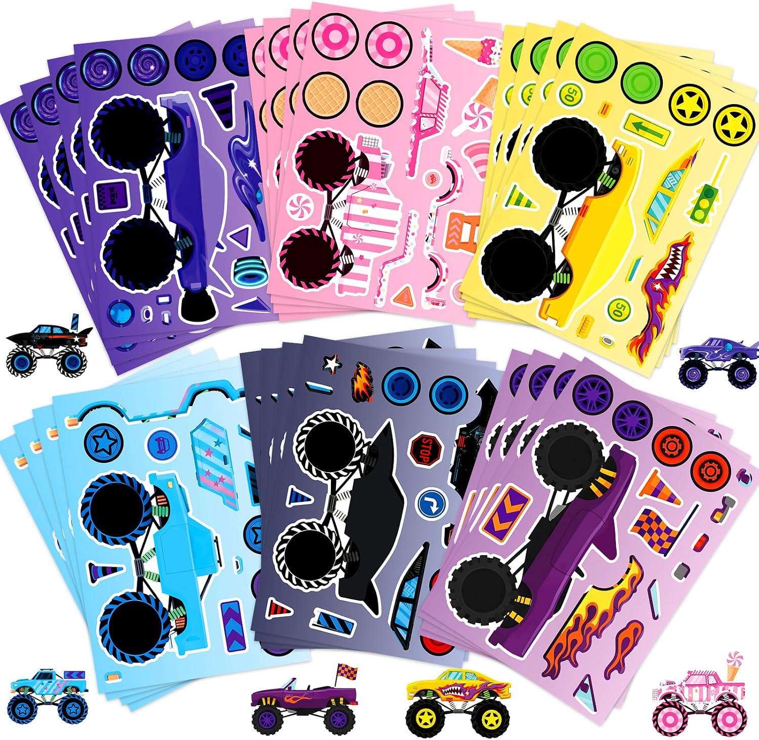 24 Sheets Make Your Own Stickers, Car Make-a-face Sticker Trucks, Race Cars DIY Craft Stickers for Party Decoration Reward