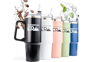 EXPEDITIONERA Kubek Do Kawy - Kubek Termiczny 880 ml - Termo Kubek Na Wynos - Podróżny Kubek Ze Słomką i Uchwytem - Termos Na Kawe Ze Stali Nierdzewnej - Kubek Samochodowy z Pokrywką - Wolny Od BPA (Czarny)