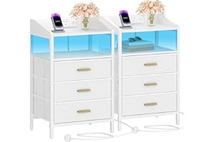 Hzuaneri Bedside Tables Set of 2 with LED Lights and Charging Station, Bedside Cabinet with 3 Fabric Storage Drawers and Shelves, Nightstand with USB Ports&TypeC for Bedroom, Livingroom,White NS35513W