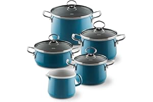 Riess, 0546-010, zestaw ekonomiczny 5 sztuk, NOUVELLE - AQUAMARIN EXTRA STRONG, składający się z: Garnek do mięsa ze szklaną pokrywą 16, 20 i 24 cm, zapiekanka ze szklaną pokrywą 20 cm i rondel 12 cm