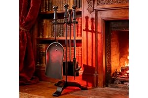 Kingson Set da Camino Nero, 4 Pezzi, in Ghisa, con Maniglia e Supporto, 19,5x17x47cm, Kit Completo di Attrezzi per il Focolare