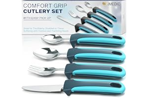 iMedic Easy Grip Cutlery for Arthritic Hands Blue/Grey (1 Pack) – Adaptive Utensils Designed to Support Disabled Adults – Weighted Tableware Set – Caring Aid for Tremors, Parkinson’s