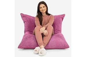 Lounge Pug Extra Large Bean Bag Floor Cushion, Pink, Use as XXL Slab Pillow, Lounger or Beanbag Chair, Plush Waffle Texture Pom Pom Fabric