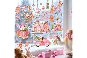 decalmile Pink Christmas Gingerbread Man Double Sided Window Clings Reusable Xmas Peppermint Candyland House Cookie Car Anti-Collision Glass Doors Window Stickers Decals