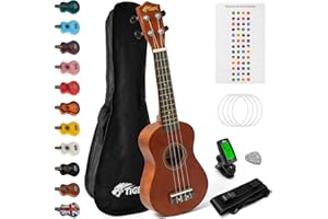 TIGER UKEKIT Ukulele-Set für Anfänger, Sopran-Ukulele, Stimmgerät, Gurt, Uke Stickers, Ersatzsaiten und Filzplektrum - Natur -