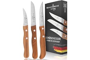 Schwertkrone Solingen Lot de 3 couteaux à fruits et légumes de qualité supérieure, manche en bois d'olivier, en acier inoxydable, couteaux à éplucher, fabriqués en Allemagne