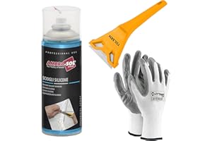 HYTAMA TOOLS Sciogli Silicone, Rimuove il Silicone e Relativi Residui senza Aggredire le Superfici, Agisce Rapidamente, Spray 1 x 400 ml il Kit Comprende 1 RASCHIETTO e 1 Paio Guanti Nitrile