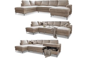 Cord Sofa U Form mit Schlaffunktion - Ecksofa mit Schlaffunktion und Bettkasten, Wohnlandschaft U Form, XXL Couch U Form, Big Sofa XXL, Eckcouch mit Schlaffunktion und Bettkasten, Ecksofa Beige Links