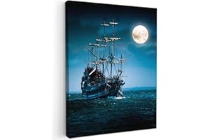 MuchoWow© Quadri Grandi Dimensioni 50x70 cm Quadretti Da Parete Quadro Moderno Camera Da Letto Stampa Foto Su Tela Soggiorno Cornice DecorazioniPirati - Nave - Notte - Luna