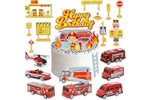 JIUZCARE Camion Dei Pompieri, 25Pcs Decorazione Della Torta - 7 Camion Dei Pompieri Giocattolo Veicolo Elicottero Giocattoli, 8 Inserti Per Torte, 9 Segnali Stradali Giochi Per Bambini Cake Topper Kit