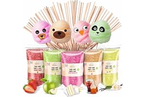GREENDOSO® Sucre Barbe à Papa pour Machine – Fraise, Cola, Pomme, Marshmallow, Vanille (5x160g) – Arômes Naturels – 20 Bâtonnets + 8 Décos Comestibles en Papier Azyme