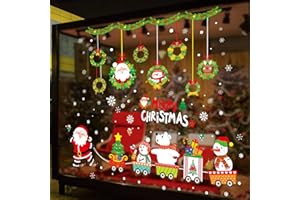 Hianjoo Pegatinas Navideñas, 4 Hojas Pegatinas Decorativas de Pared para Escaparates, Extraíbles, Adorable Papá Noel, Nieve, Trenes, árbol de Navidad Coloridas Pegatinas Electrostáticas de PVC