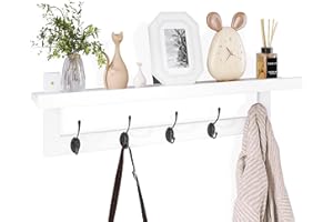 SMIBUY Appendiabiti con mensola a parete, appendiabiti da 74 cm per parete, mensola sospesa in bambù con 5 doppi ganci metallici per bagno, camera da letto, cucina, soggiorno, mudroom (Bianco+Nero)