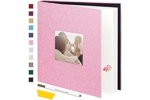 Miaikoe Large Photo Album Self Adhesive Scrapbook Album for 4x6 5x7 8x10 Pictures,60 Pages Linen Cover Album with Display Window DIY Book with A Metallic Pen and Scraper (Pink)