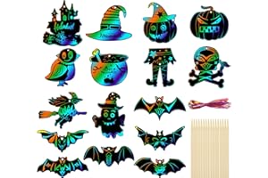 KEYIDO 48 sztuk Halloween rękodzieło Halloween sztuka zdrapywania dla dzieci Halloween impreza wypełniacze torby z 48 szt. kolorowych wstążek i 24 szt. drewniany rysik