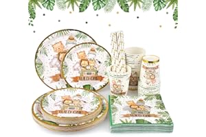 WDJLNZB Jungle Safari fête thème Vaisselle, Fournitures fête d'anniversaire Enfants, Vaisselle fête animalière Assiettes Papier Serviettes Table gobelets Anniversaire Baby Shower, 125 Pièces