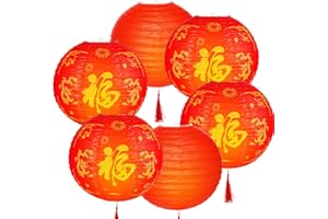 AWEYKA 6 Pieces 2024 Chinese New Year Round Paper Lanterns Decorations,Chinese Lucky Golden Fu Character Lantern Dragon with Tassel and LED Light,Chinese Round Hanging Decorations for Chinese Spring Festival