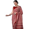 AKHILAM Women's Ajrak Block Print Dola Silk Saree With Unstitched Blouse Piece