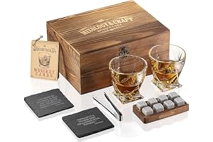 MOVASEE Whiskey Steine Geschenkset für Männer - 2 x 10 oz Whiskey Gläser, 8 Granit Whiskey Steine, 2 Untersetzer, Metallzange & Cocktailkarten im Holzkasten