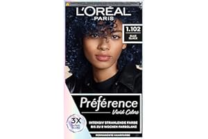 ‎L'OREAL PARIS L'Oréal Paris Intensive dauerhafte Haarfarbe, Bis zu 8 Wochen glänzendes Haar und intensive Farbe, Préférence Vivid Colors, Farbe: 1.102 BLUE BLACK, 1 Stück