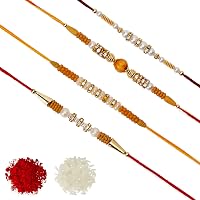 Aheli Pack of 4 Rakhi for Men with Roli Chawal Tilak - AD Pearl Wooden & Pearl AD Ring ( R4P06)