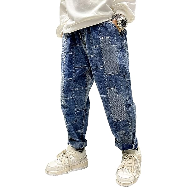 Happy Cherry jongens baggy jeans voor kinderen met elastische taille, loose fit jeans met wijde pijpen, denimbroek met zakken, 160