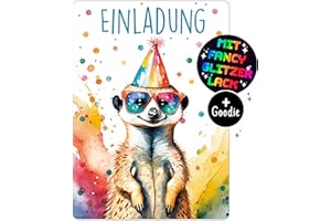 CALLUNA PRODUKTE MIT HERZ CALLUNA® Erdmännchen GLITZER Einladungskarten Kindergeburtstag Mädchen & Junge – 12 Stück – Witzige Erdmännchen Geburtstag Einladungen mit buntem Glitzerlack – Einladung für Kids & Teenies (o. Hüllen)