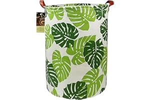 HUNRUNG Laudry Hamper, Large Canvas Fabric Lightweight Storage Basket Toy Organizer Sporty Clothes Collapsible Waterrepeat for College Dorms,Bedroom, Bagno（circolare foglia verde）