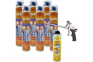DSTOCK60 - Lot de 6 colles de montage polyuréthane + 1 pistolet + 1 nettoyant mousse - Mousse polyuréthane faiblement expansive pour le collage des panneaux isolants, rouleaux de bitume, huisseries