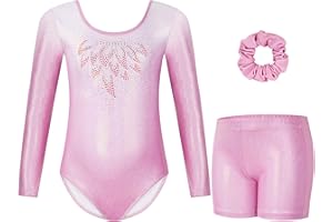 Gogokids Maillot de gimnasia de tres piezas, de manga larga, con pantalones cortos y cinta para el pelo, para ballet, con colores degradados, para niñas de 3 a 12 años