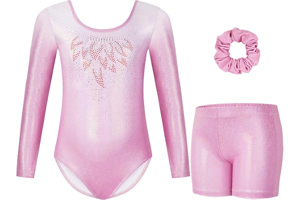 Gogokids Maillots de Gymnastique Trois Pièces pour Filles, Ensemble de Gymnastique à Manches Longues avec Short et Bandeau, Justaucorps de Danse Brillant avec Design de Couleur Dégradée pour 3-12 Ans
