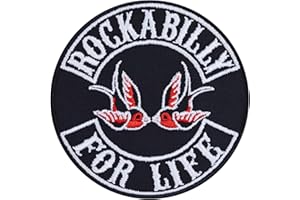 EXPRESS-STICKEREI Écusson Thermocollant "Rockabilly for life" - Patch de Motard à Coudre/à Repasser | Appliqué Rocker pour Cuir/Veste/Jeans | Cadeau d'Accessoire de Moto | 90x90mm