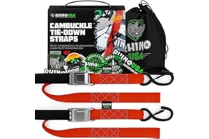 RHINO USA Motorcycle Tie Down Straps (Set of 2) - Heavy Duty 1000 kg Break Strength, Cambuckle Motorbike Tiedowns with Soft Loops & Hooks - Better Than a Ratchet Strap - Red