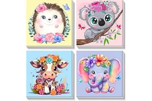 SENQAO 4 Pezzi Animale Dipingere Con i Numeri Bambini Con Cornice, Cartoon Paint by Numbers Kit Con 3 Penne, Hobby Creativi Idee Regalo Decorazioni Casa - 20x20cm