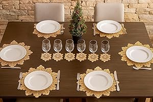 MARCO PAUL INTERIORS Marco Paul Gold Snowflake Placemats And Coaster Sets 12pc - Hard Wearing PVC Vinyl Gold Christmas Place Mats For Table - Easy Clean Christmas Place Mats Set Of 6 For Home Restaurant Dining Table Mat