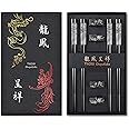 Metal Chopsticks Reusable 18/8 Stainless Steel Chopsticks Chinese Dragon and Phoenix Chopsticks with Holder Chinese Traditional Stylish Gift Set (4 Pairs-Blcak)