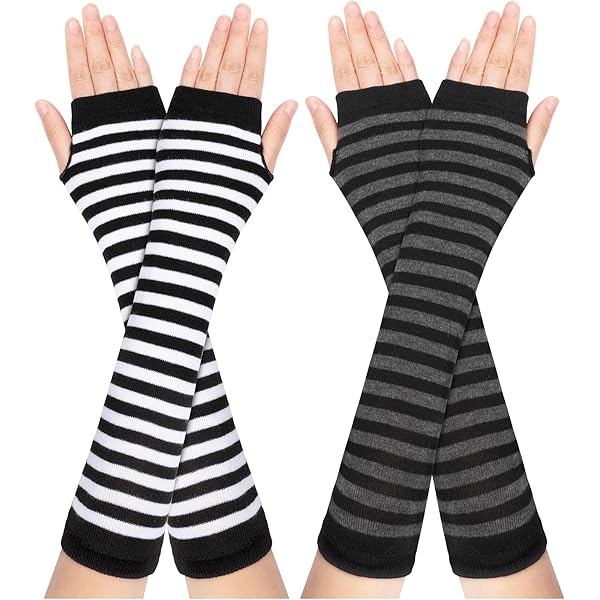 thumbnail image 2 of Uxcell Pair Ladies Black White Stripes Hands Arm Warmers Gloves At 2 of 11