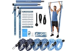 ALongSong Elastiques de Musculation Barre de Pilates avec 6 Bandes de Résistance Élastique 180LBS ou 240LBS Ancrage de Porte Réglable Amovible pour Sport Maison Fitness Yoga Étirement Squat